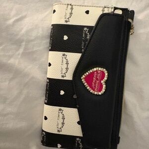 Betsey Johnson wallet black and white striped with roses